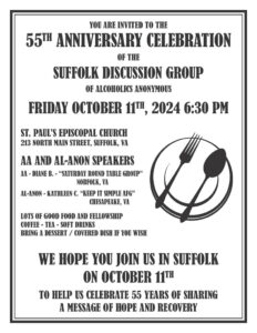 55TH ANNIVERSARY CELEBRATION OF THE SUFFOLK DISCUSSION GROUP OF ALCOHOLICS ANONYMOUS @ St. Paul's Episcopal Church | Suffolk | Virginia | United States